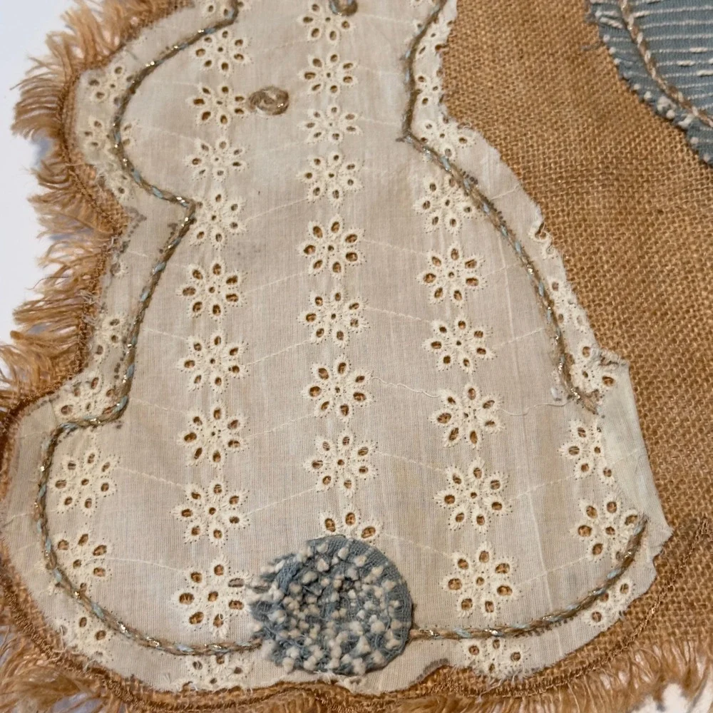 Shabby Chic Jute Bunny Table Runner Tan Blue Eyelet Easter Farmhouse 54x16